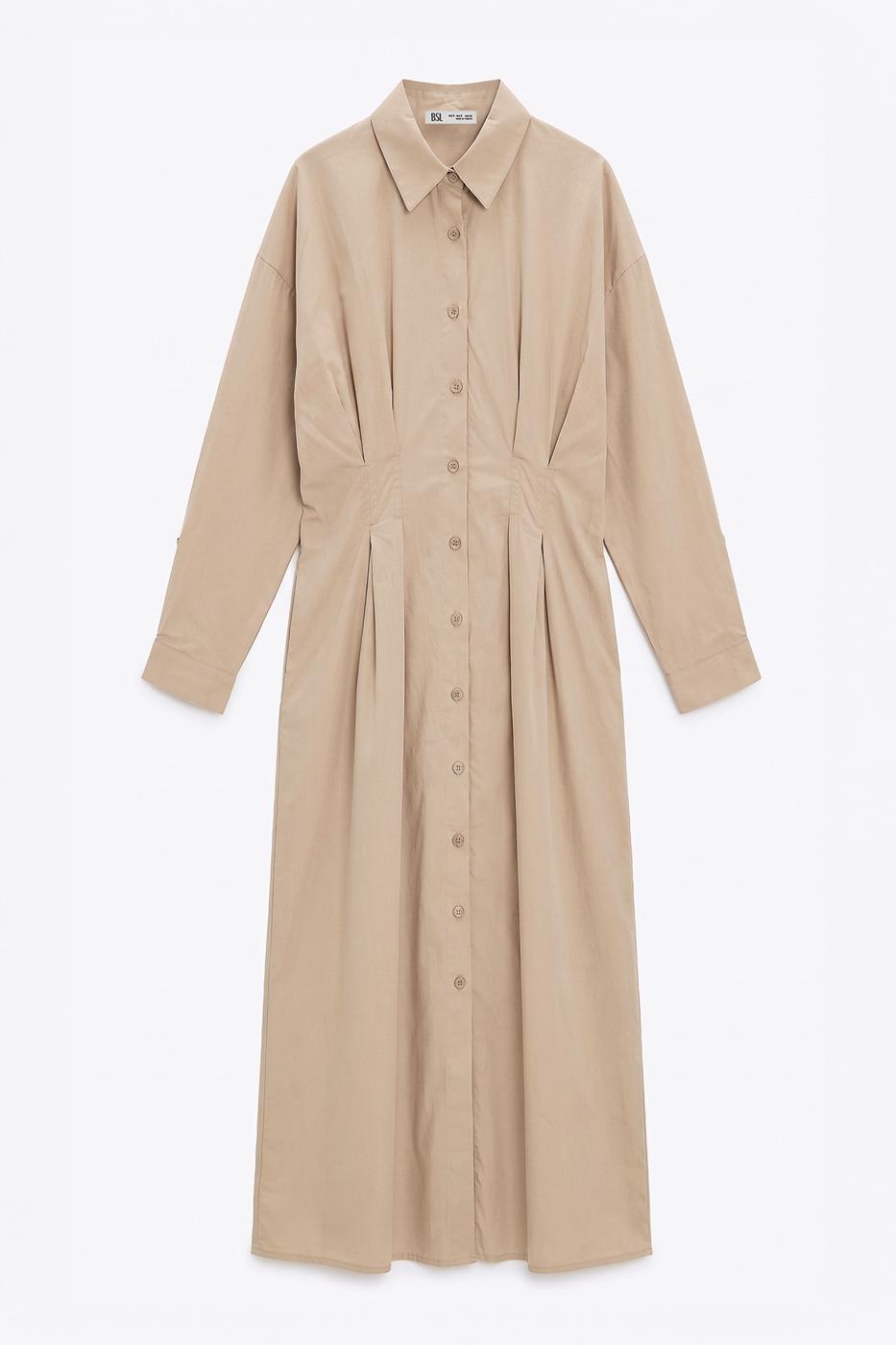 100% Cotton Pleated Shirt Dress Beige