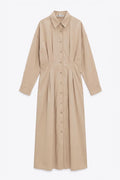 100% Cotton Pleated Shirt Dress Beige