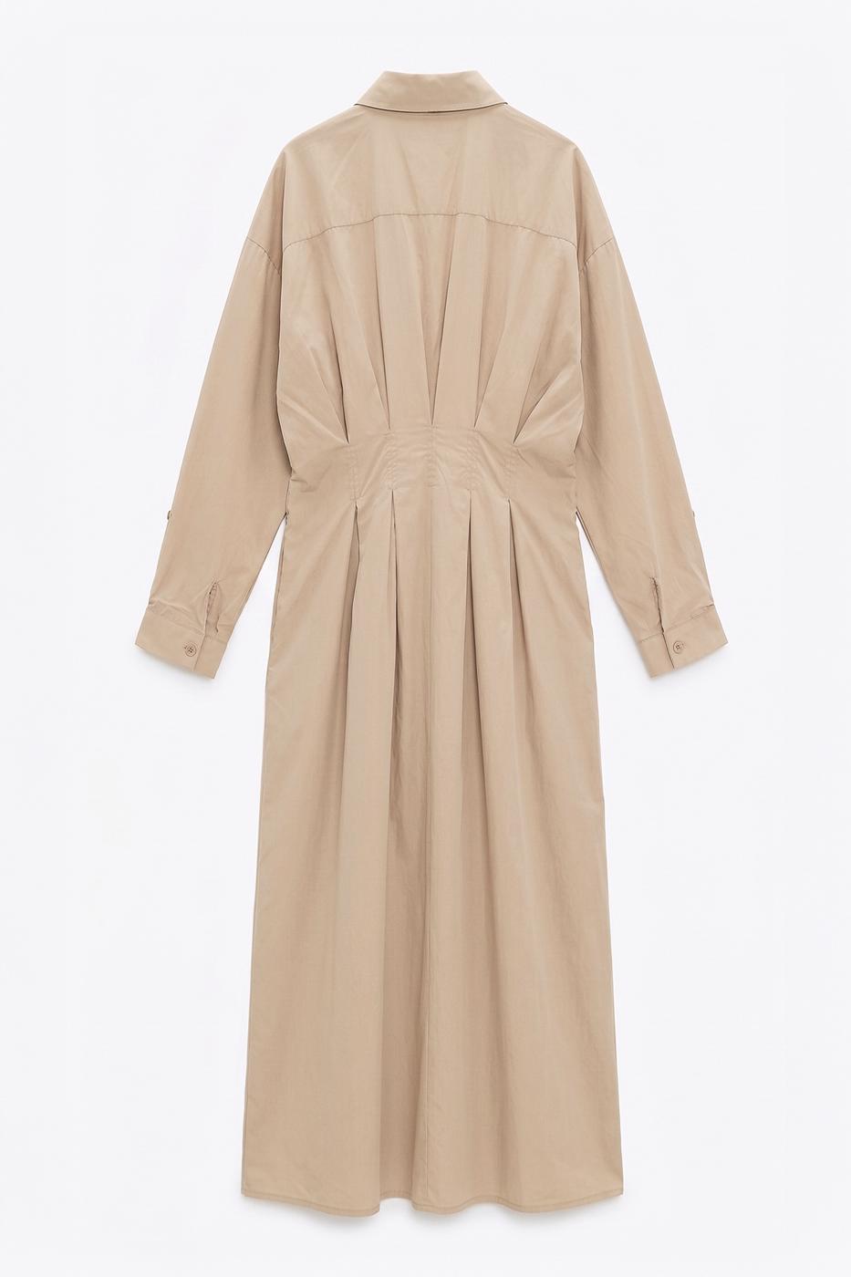 100% Cotton Pleated Shirt Dress Beige