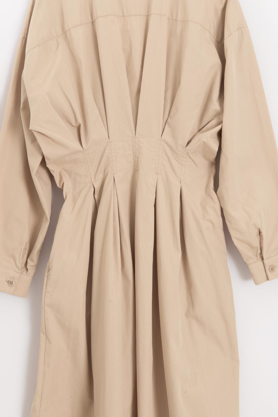 100% Cotton Pleated Shirt Dress Beige
