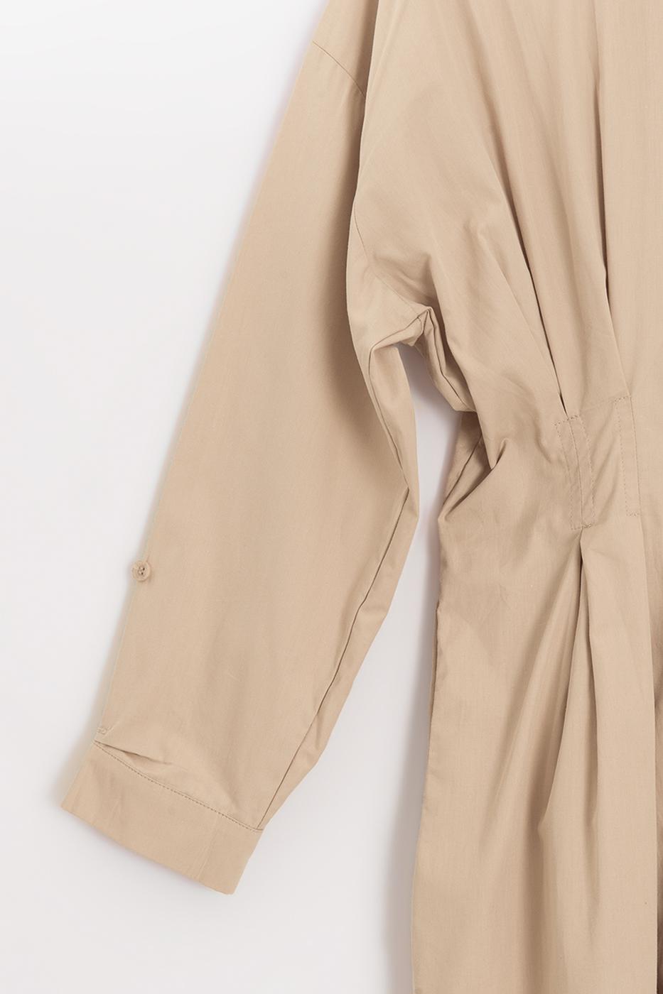 100% Cotton Pleated Shirt Dress Beige