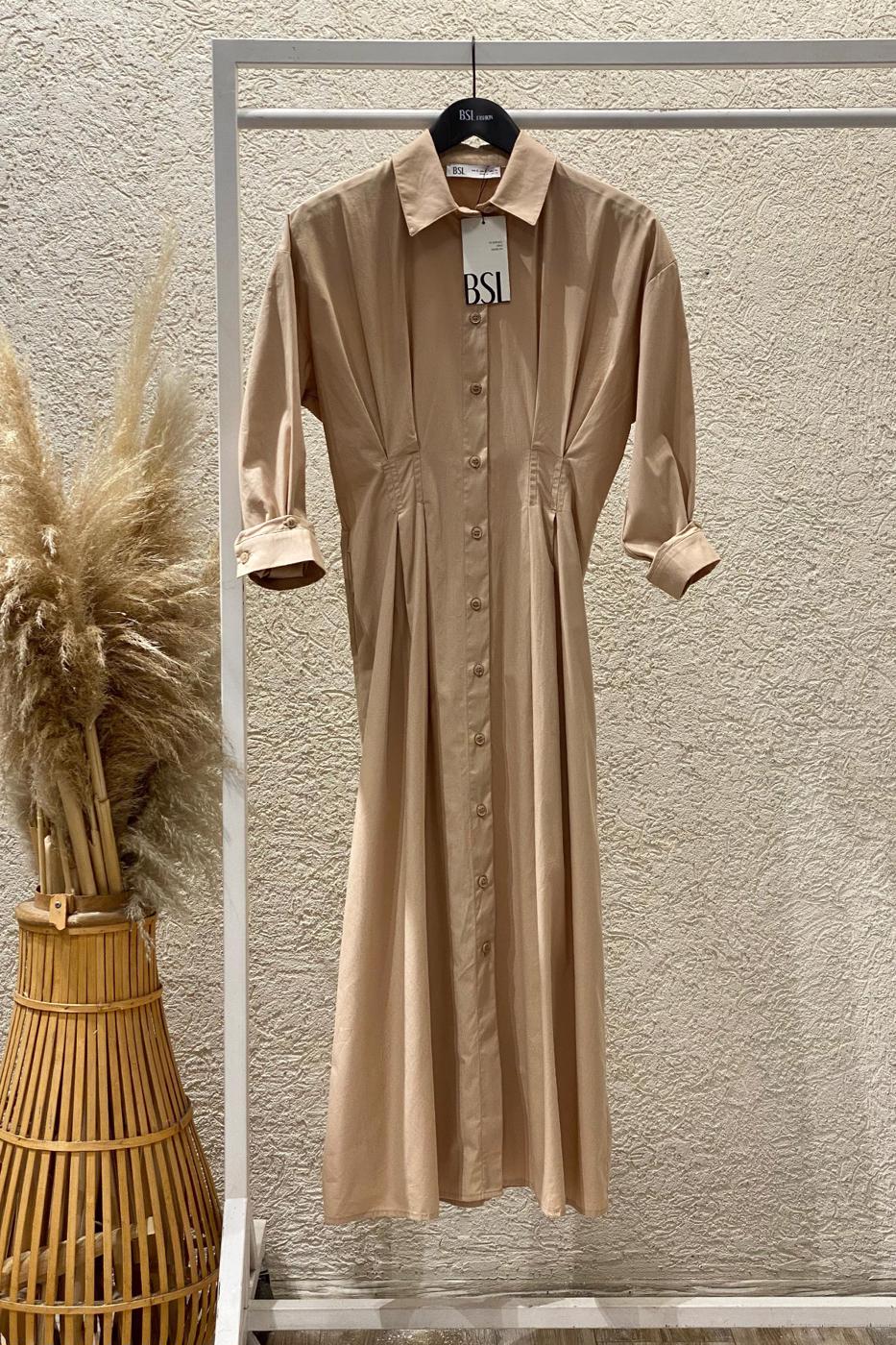 100% Cotton Pleated Shirt Dress Beige