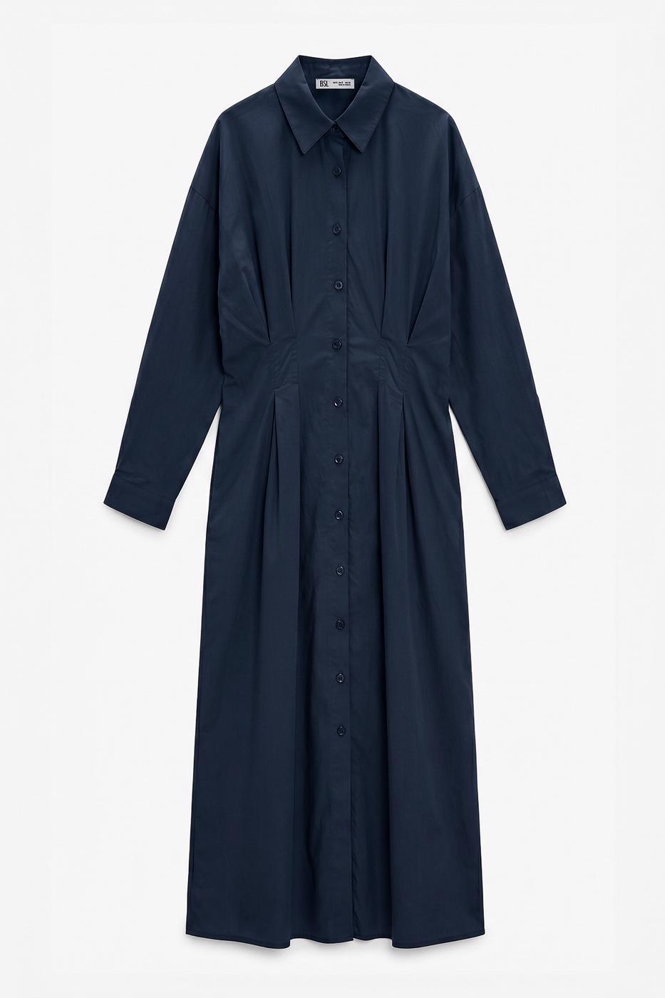 100% Cotton Pleated Shirt Dress İndigo