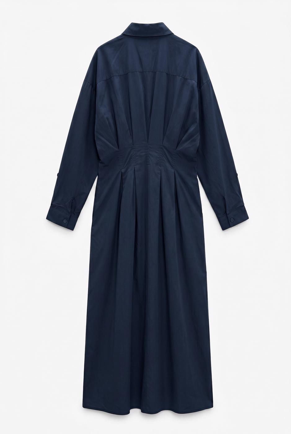 100% Cotton Pleated Shirt Dress İndigo