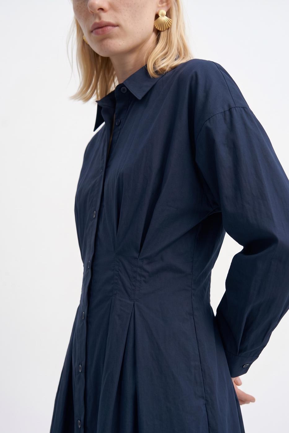 100% Cotton Pleated Shirt Dress İndigo