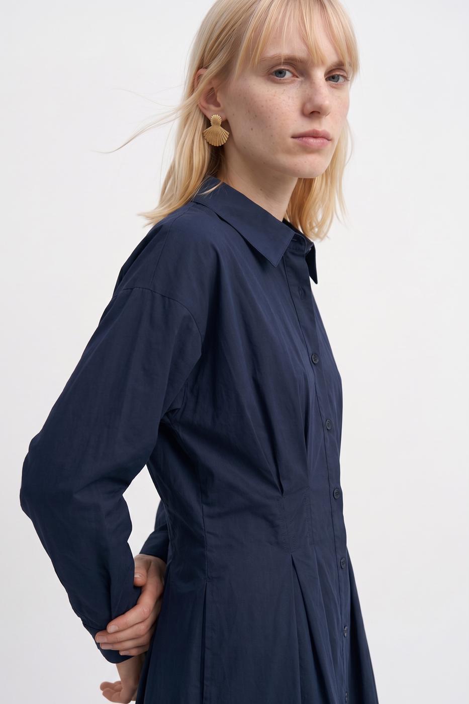 100% Cotton Pleated Shirt Dress İndigo