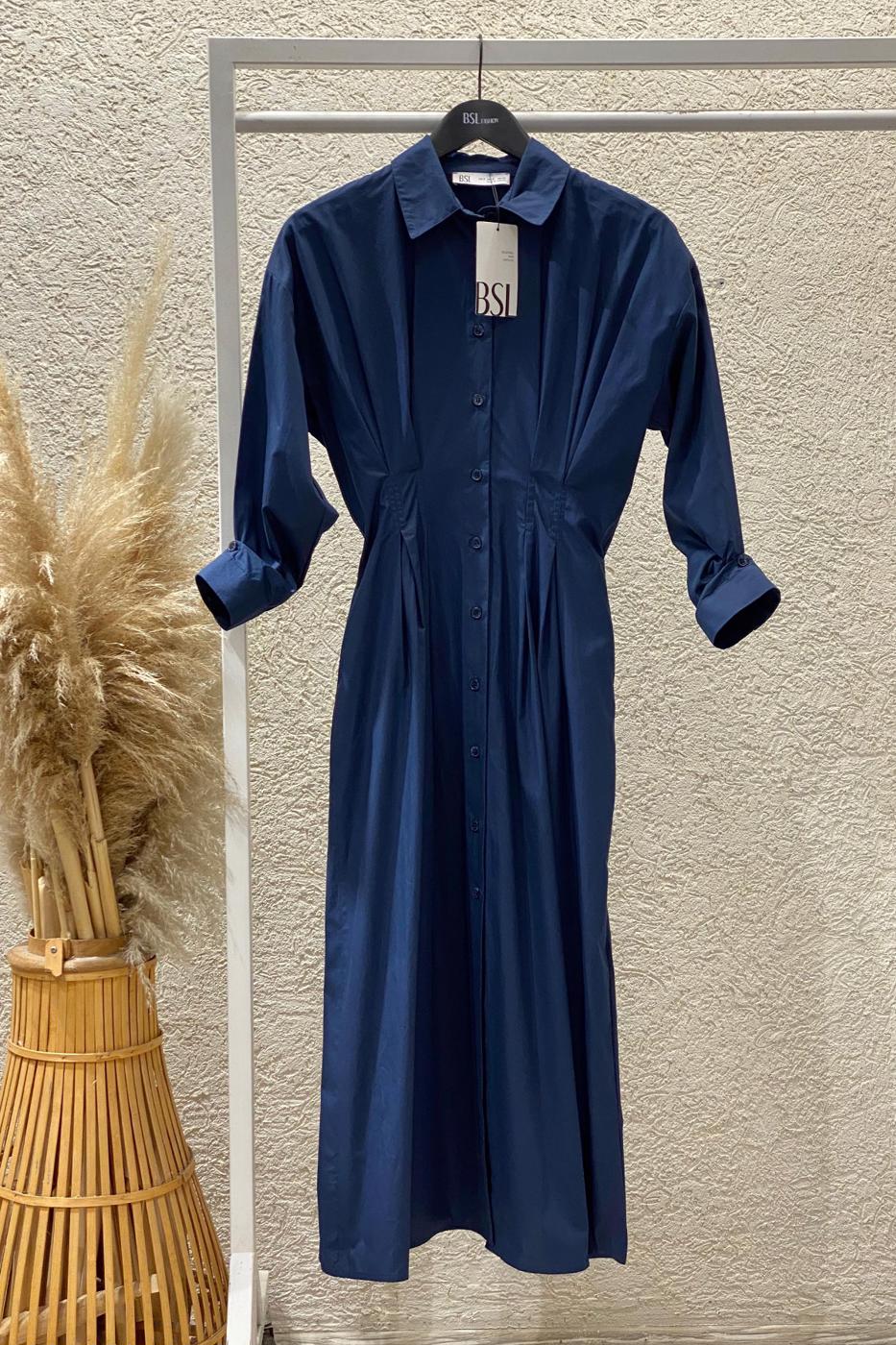 100% Cotton Pleated Shirt Dress İndigo