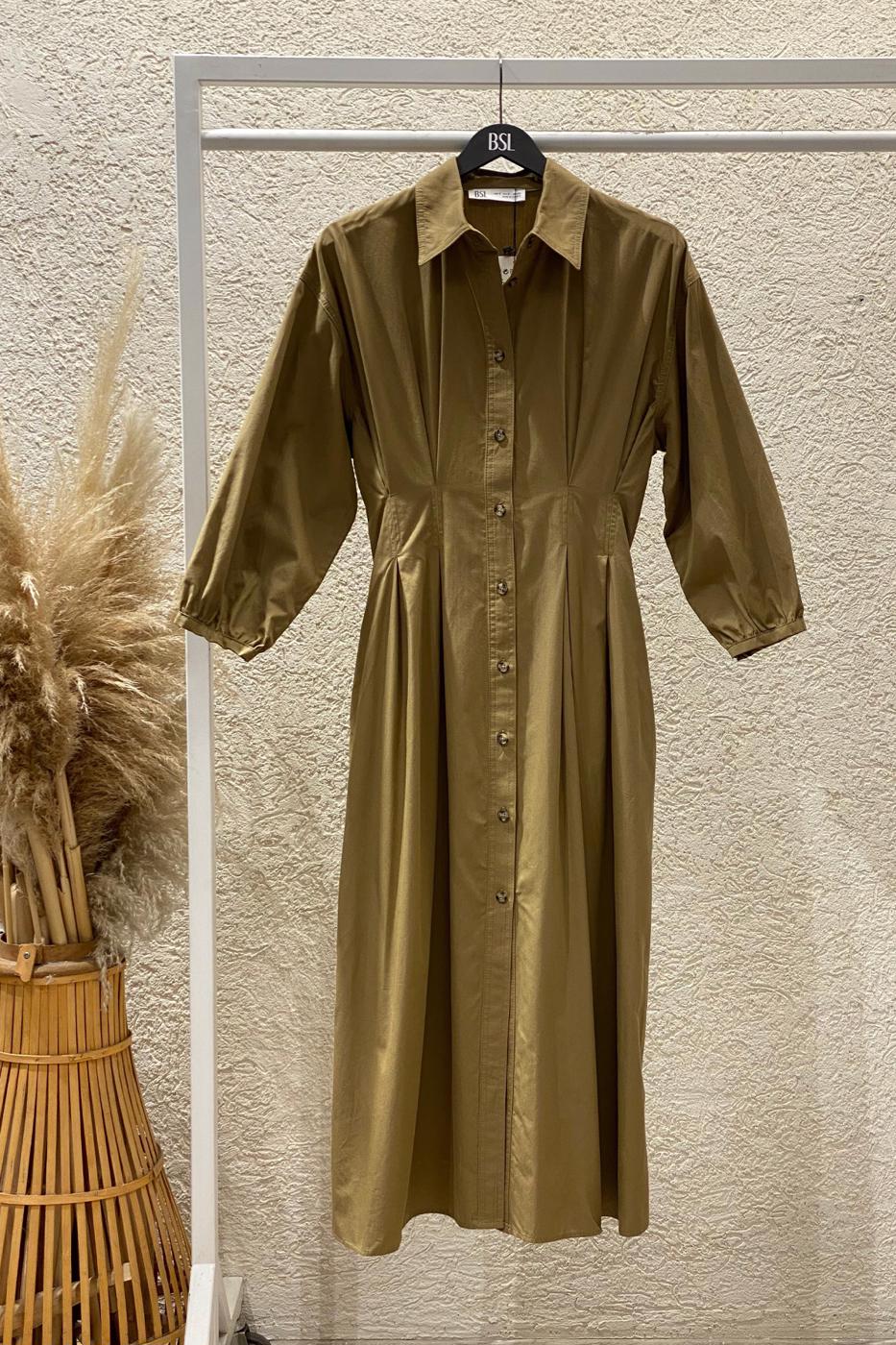100% Cotton Pleated Midi Dress Khaki