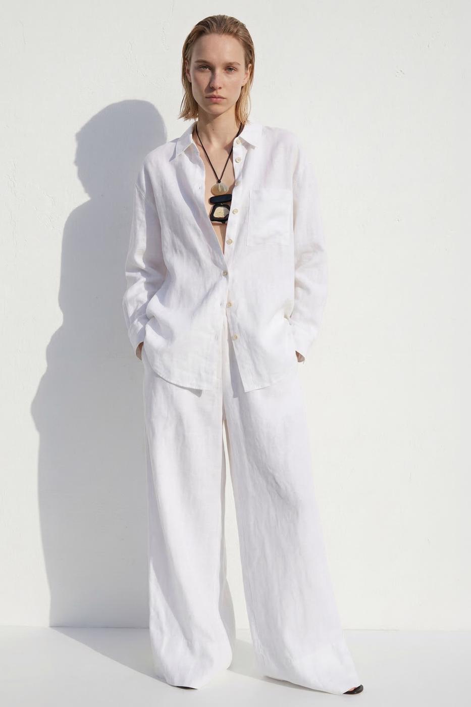 100% Linen Loose Trousers White
