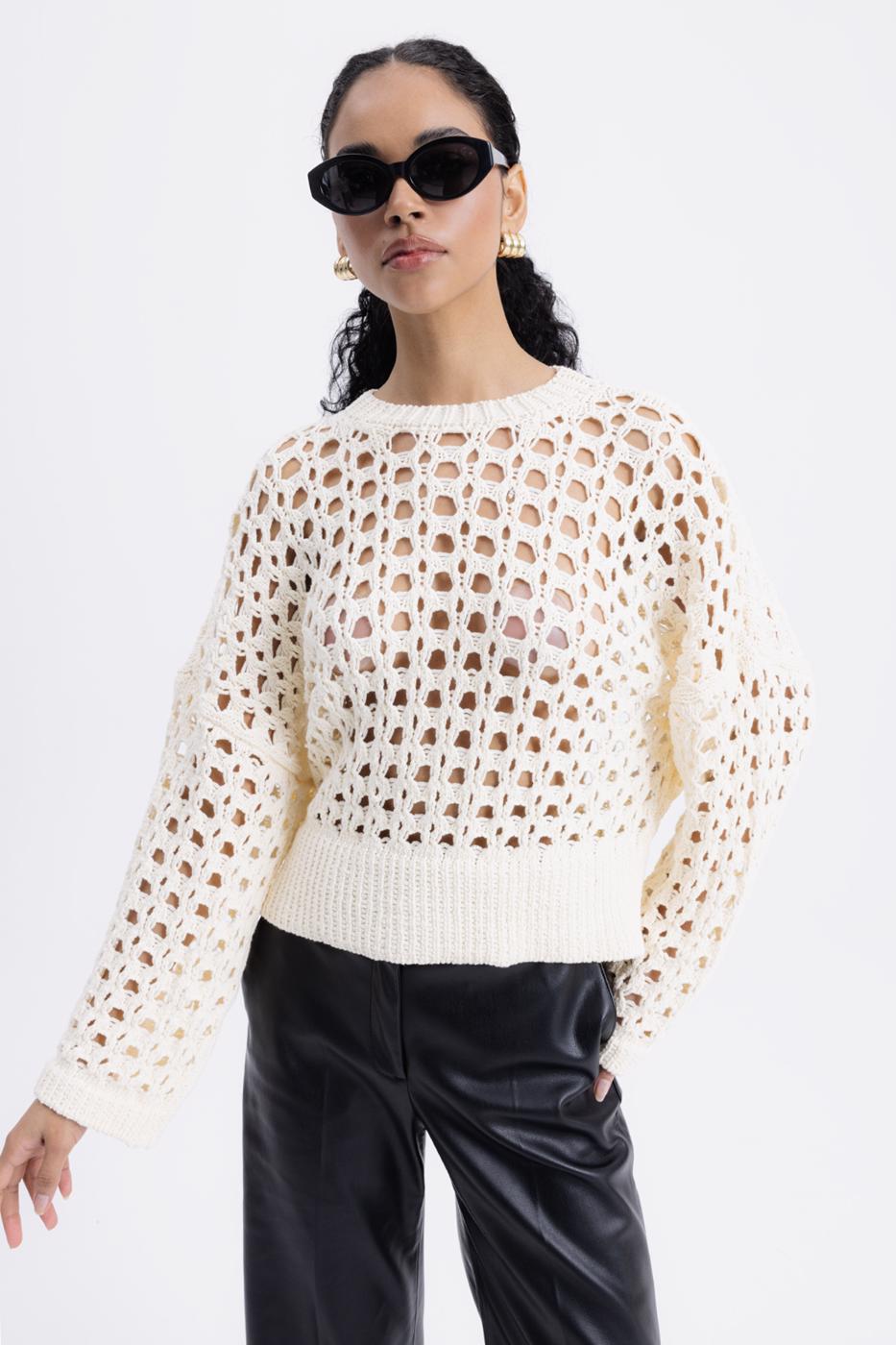100% Cotton Openwork Patterned Sweater Ecru