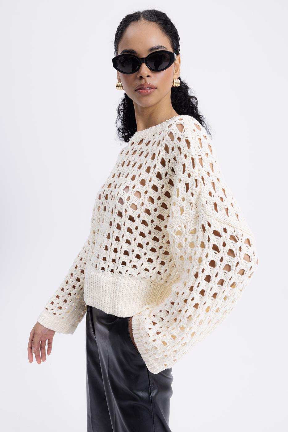 100% Cotton Openwork Patterned Sweater Ecru