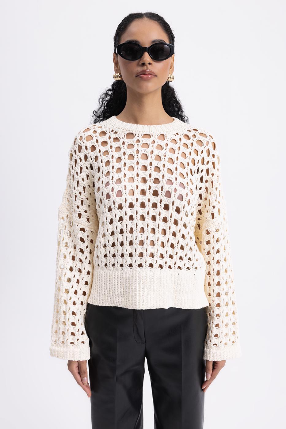 100% Cotton Openwork Patterned Sweater Ecru
