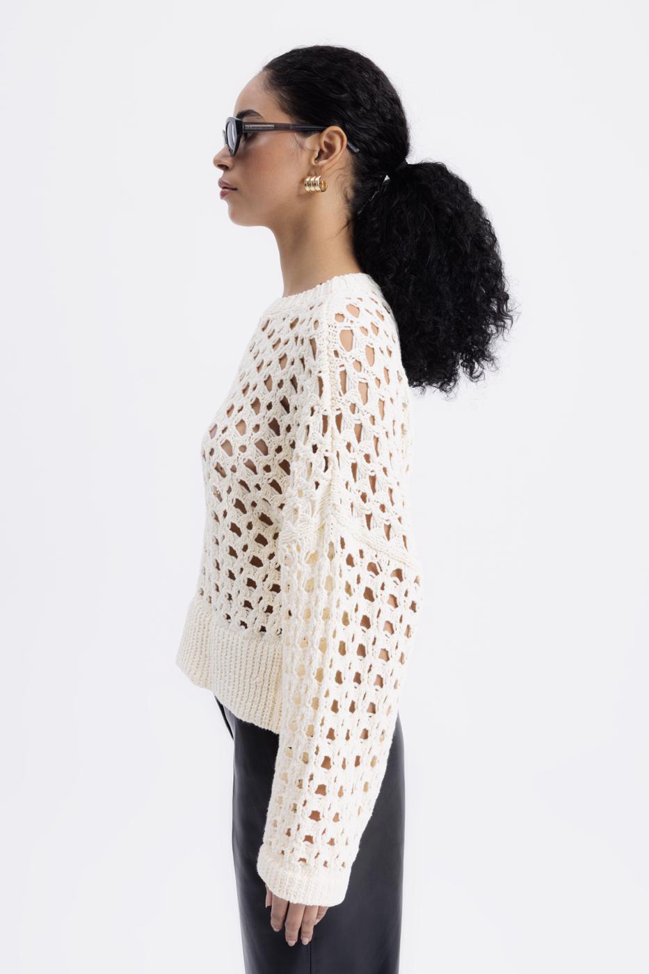 100% Cotton Openwork Patterned Sweater Ecru