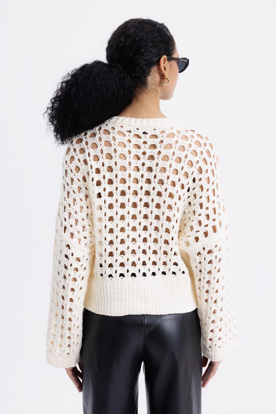 100% Cotton Openwork Patterned Sweater Ecru