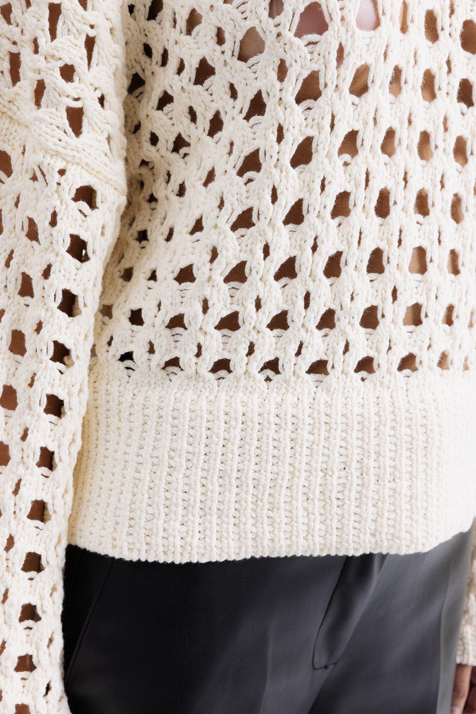 100% Cotton Openwork Patterned Sweater Ecru