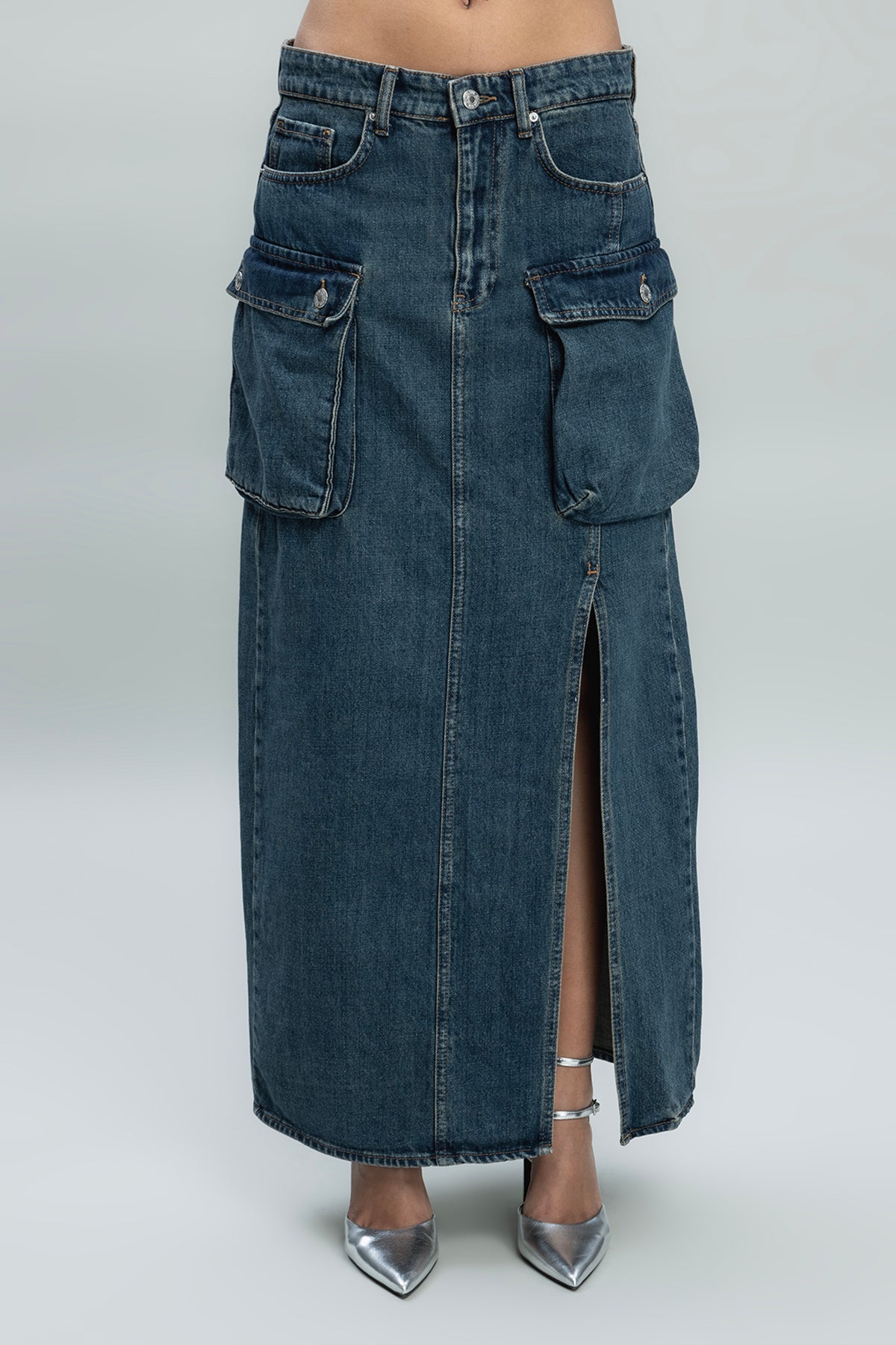 Kargo Cepli Maksi Denim Etek