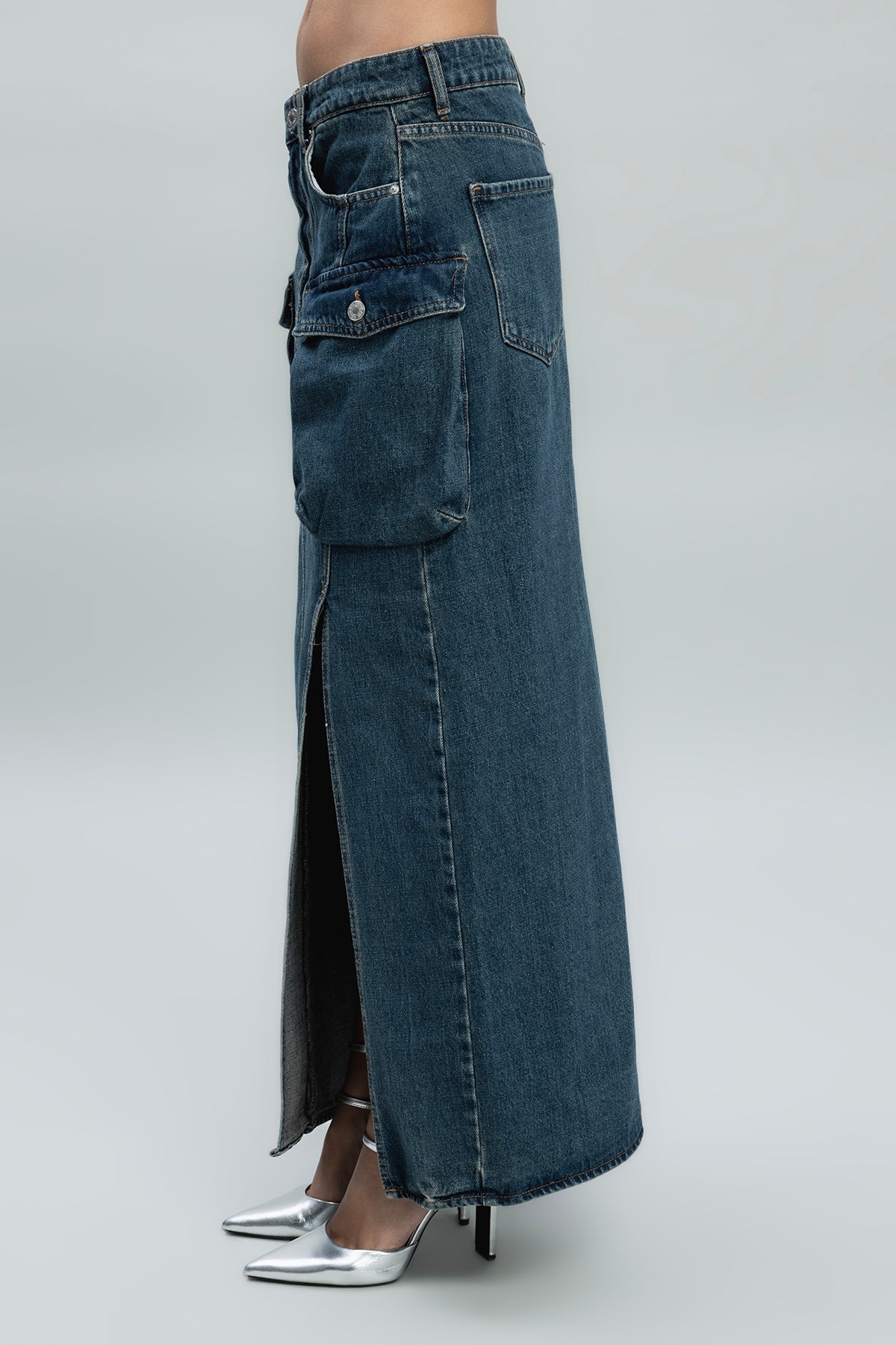 Kargo Cepli Maksi Denim Etek