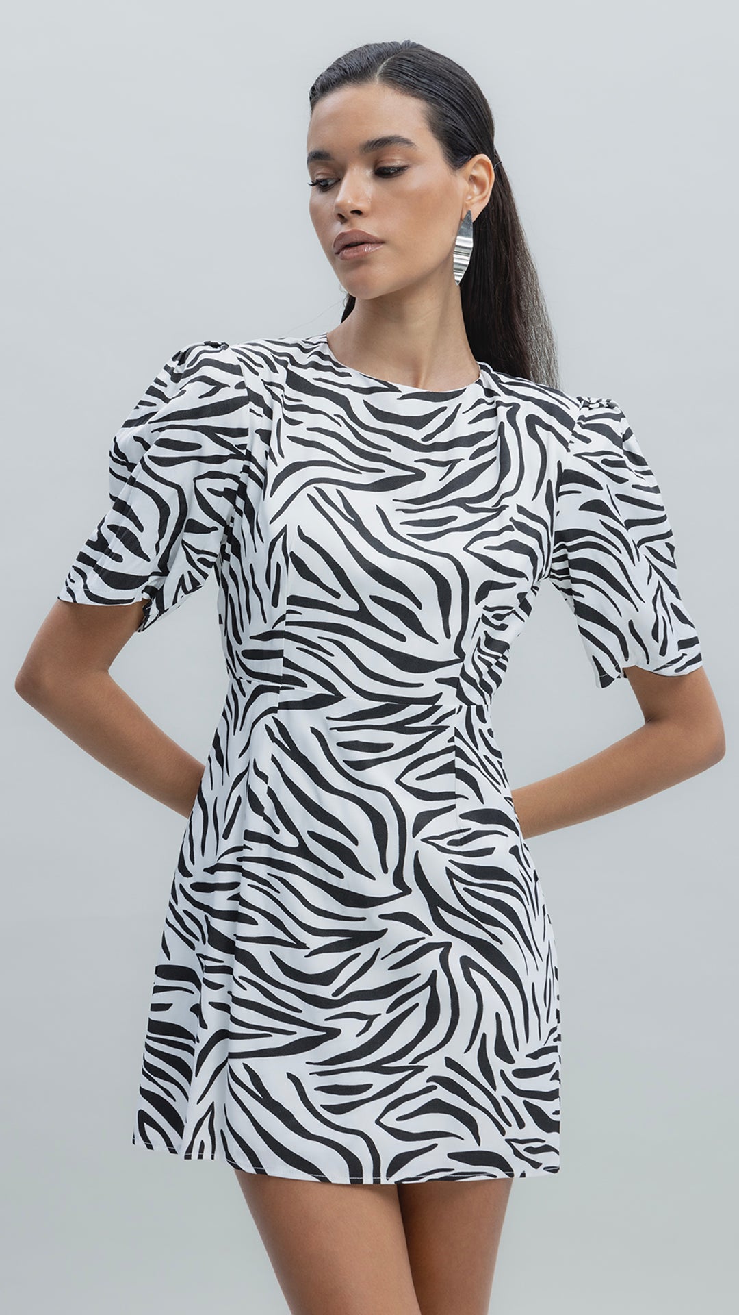 Saten Zebra Desenli  Mini  Elbise