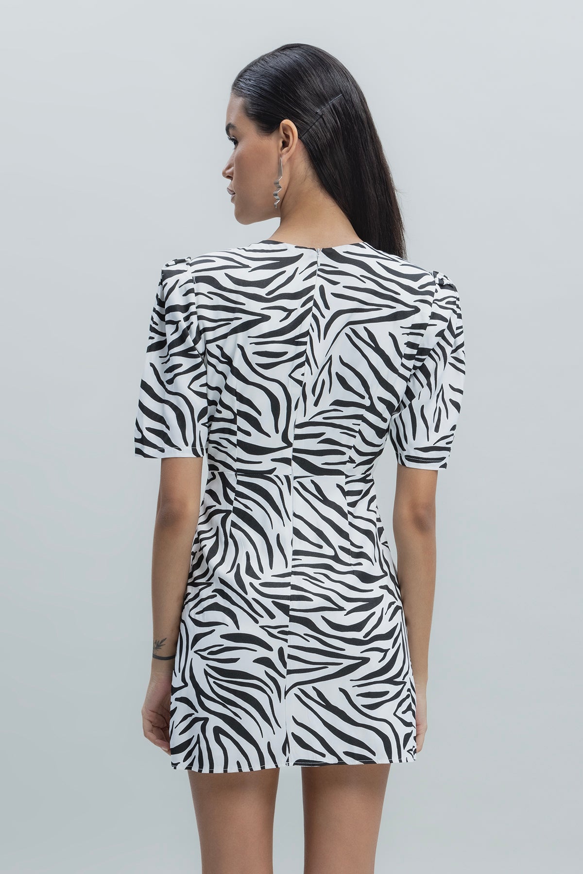 Saten Zebra Desenli  Mini  Elbise