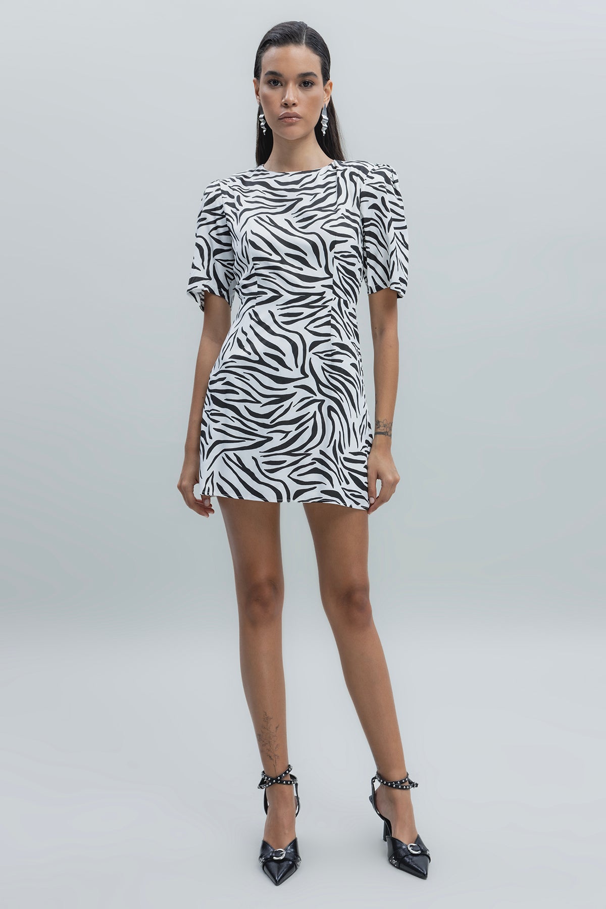 Saten Zebra Desenli  Mini  Elbise