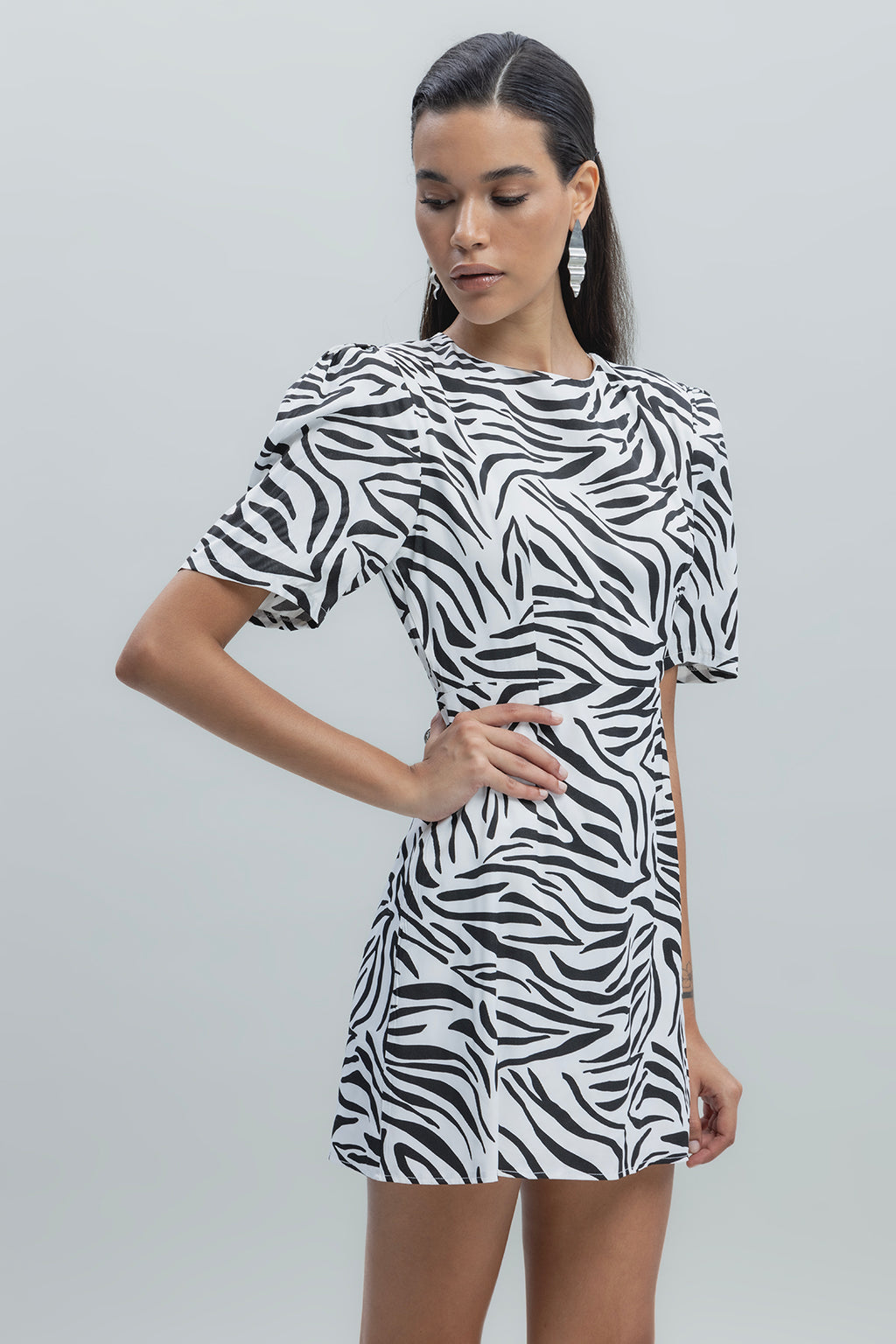 Saten Zebra Desenli  Mini  Elbise