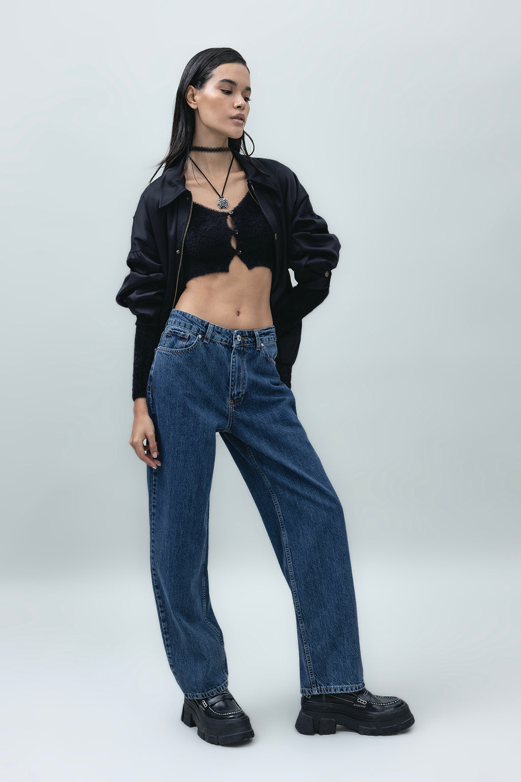 Regular Waist Straight Leg Denim Trousers
