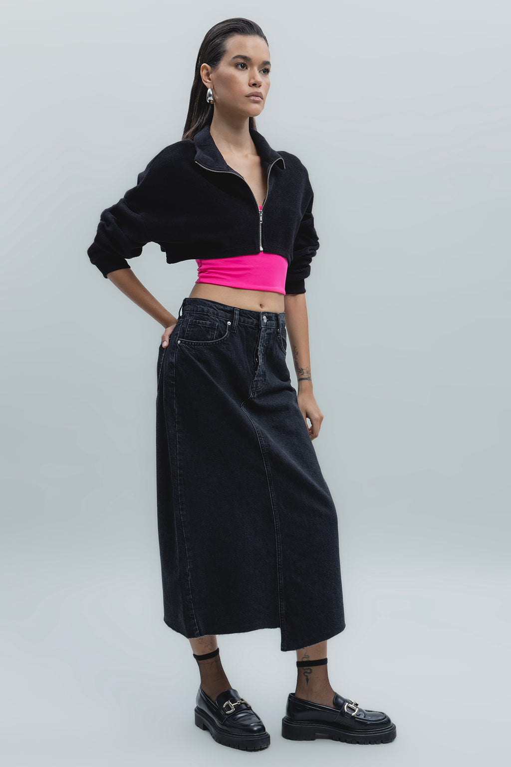 Düşük Bel Midi Denim Etek