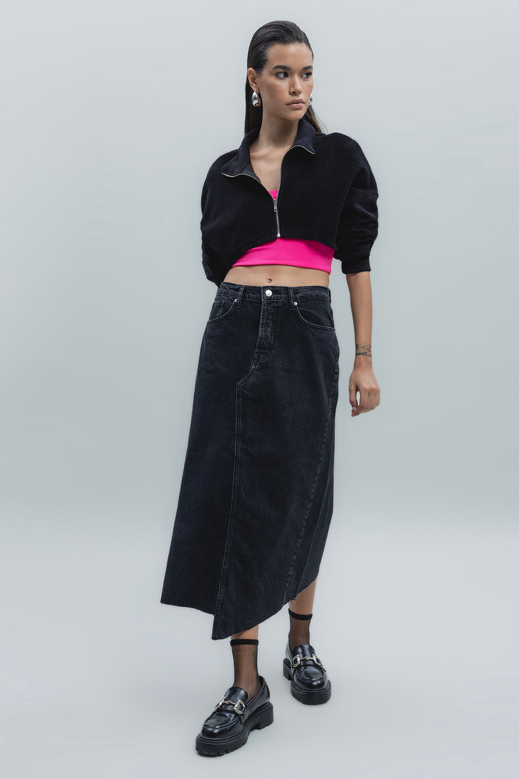 Düşük Bel Midi Denim Etek