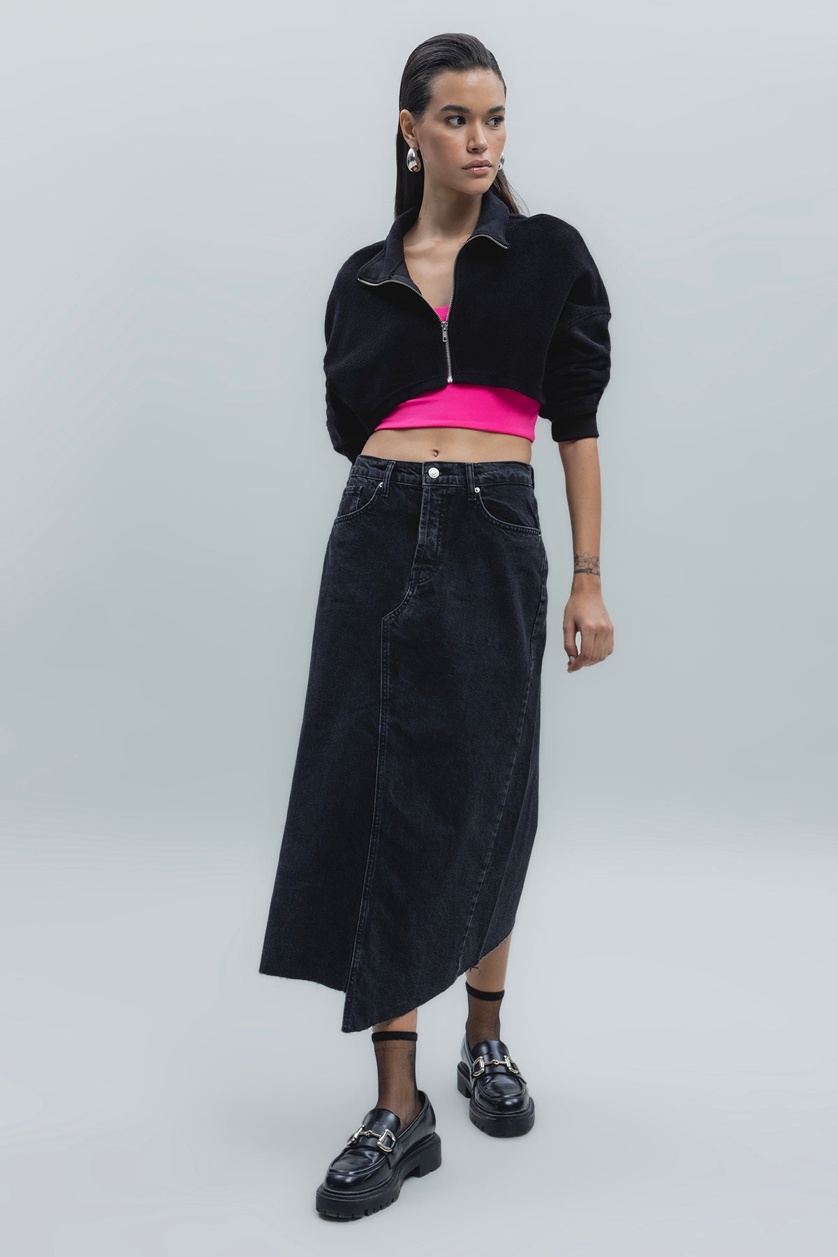 Düşük Bel Midi Denim Etek