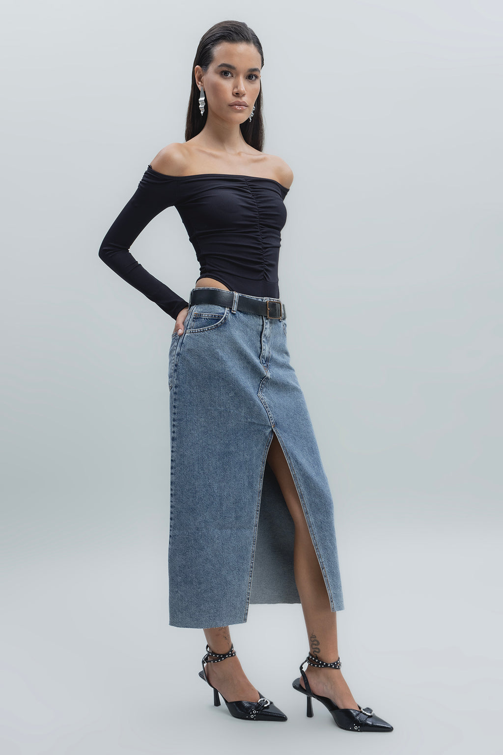 Yırtmaçlı Denim Etek