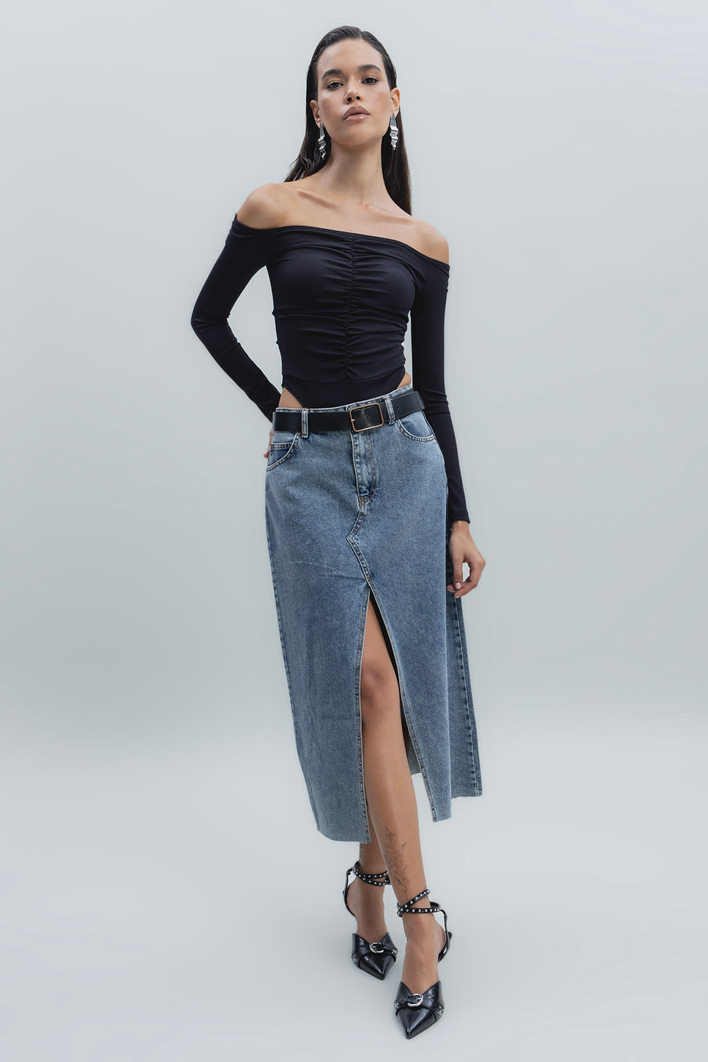 Yırtmaçlı Denim Etek