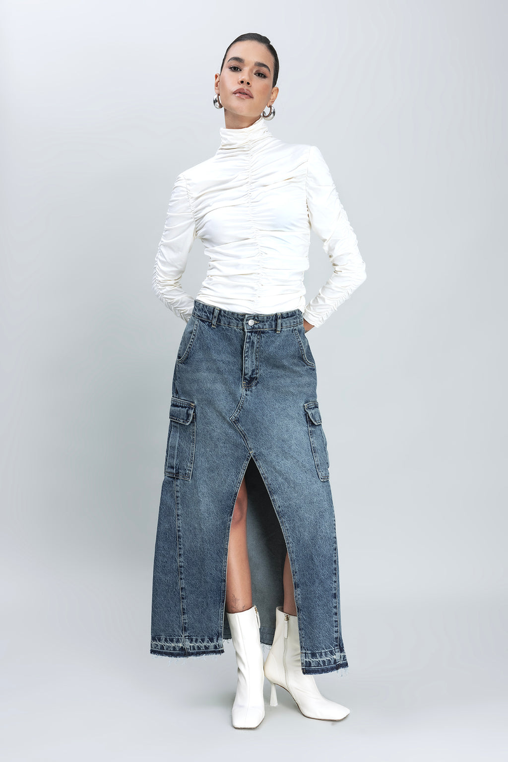 Kargo Cepli Uzun Denim Etek