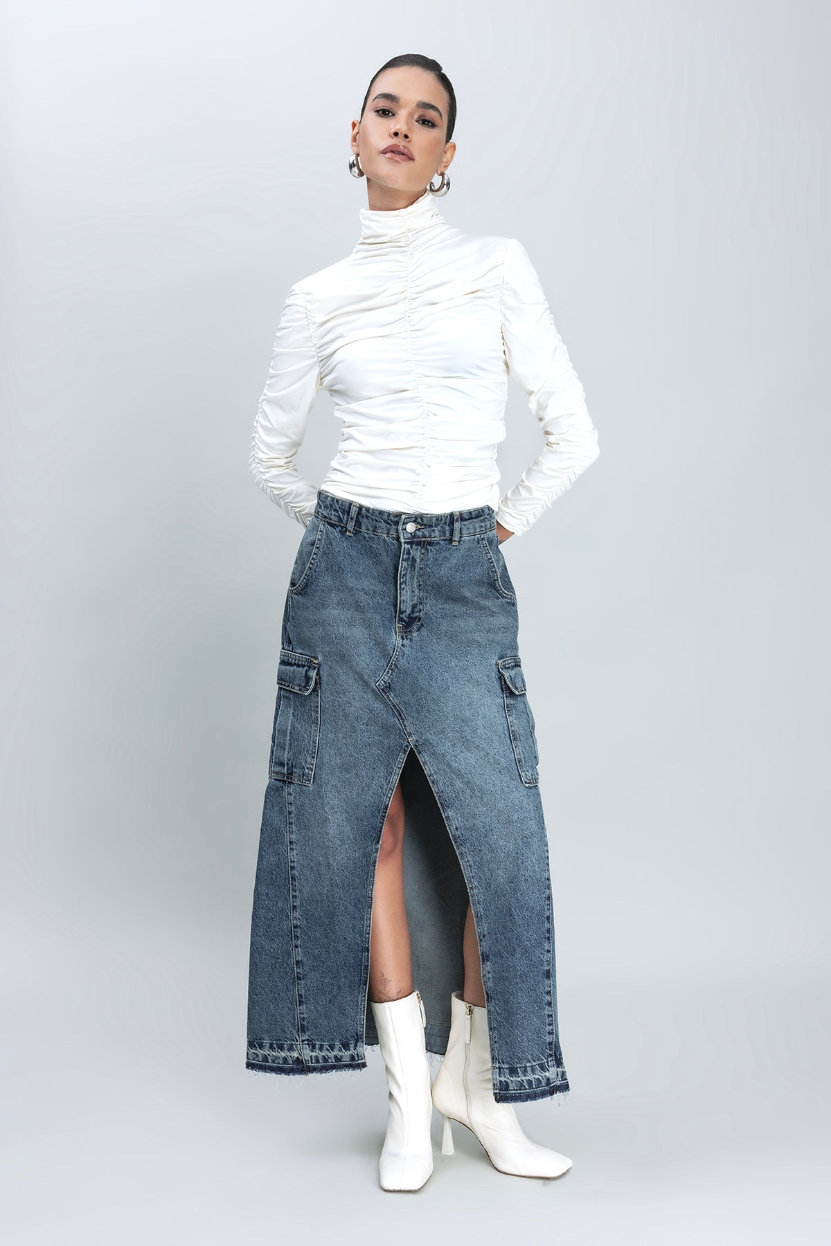 Kargo Cepli Uzun Denim Etek