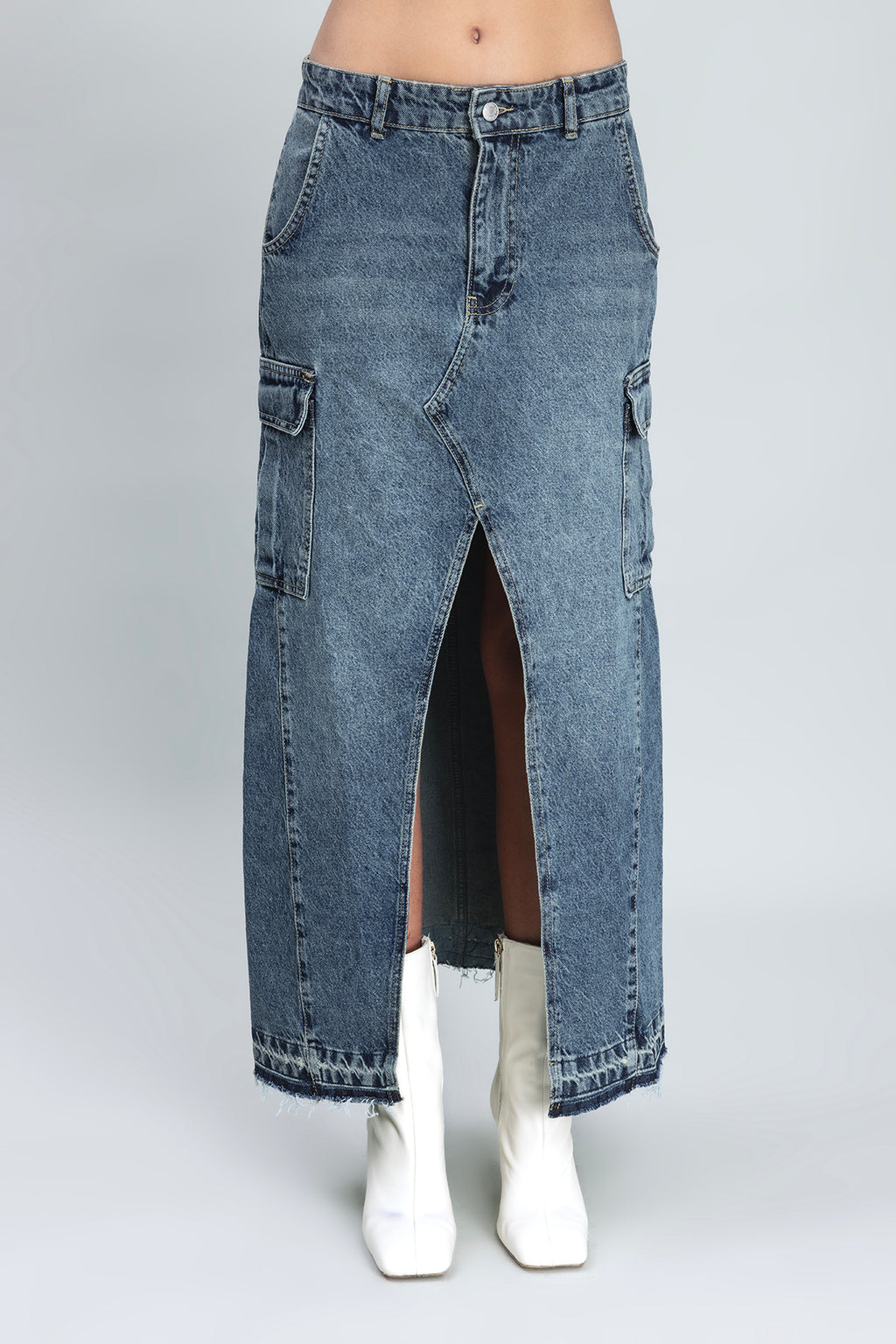 Kargo Cepli Uzun Denim Etek