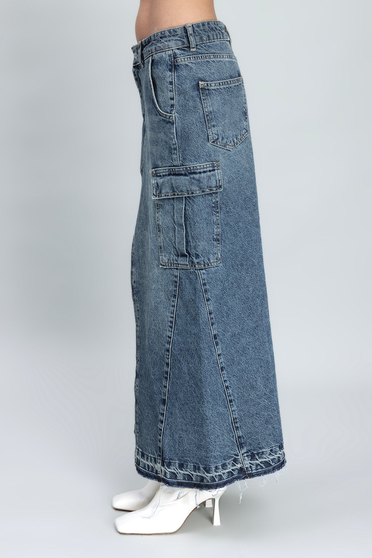 Kargo Cepli Uzun Denim Etek