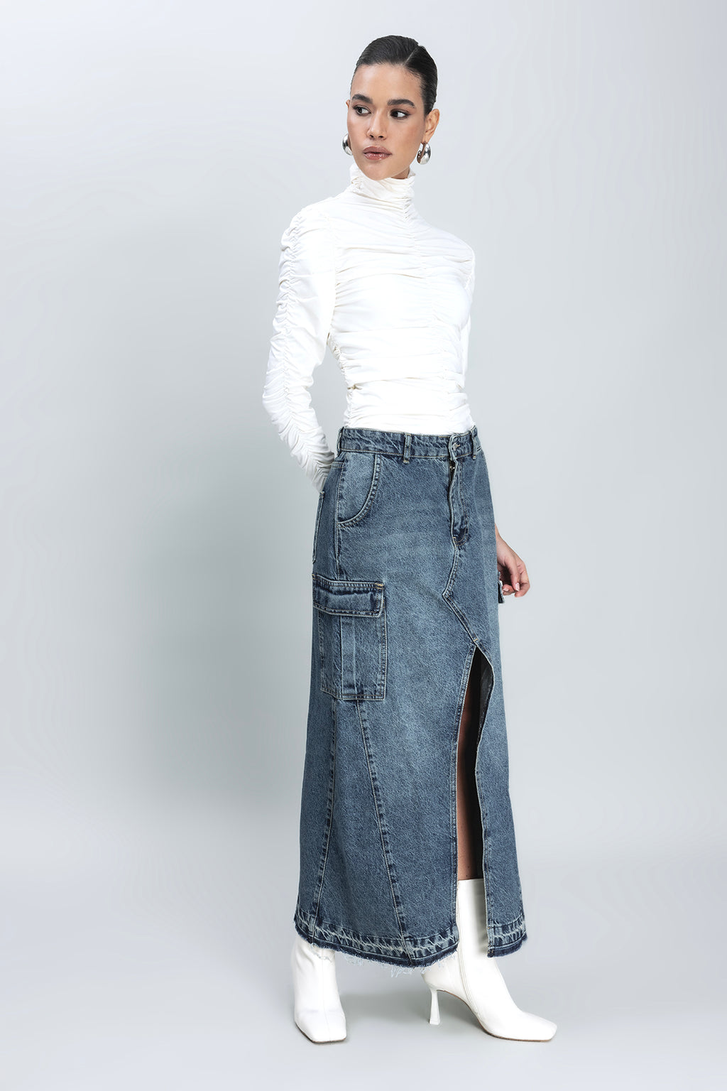 Kargo Cepli Uzun Denim Etek