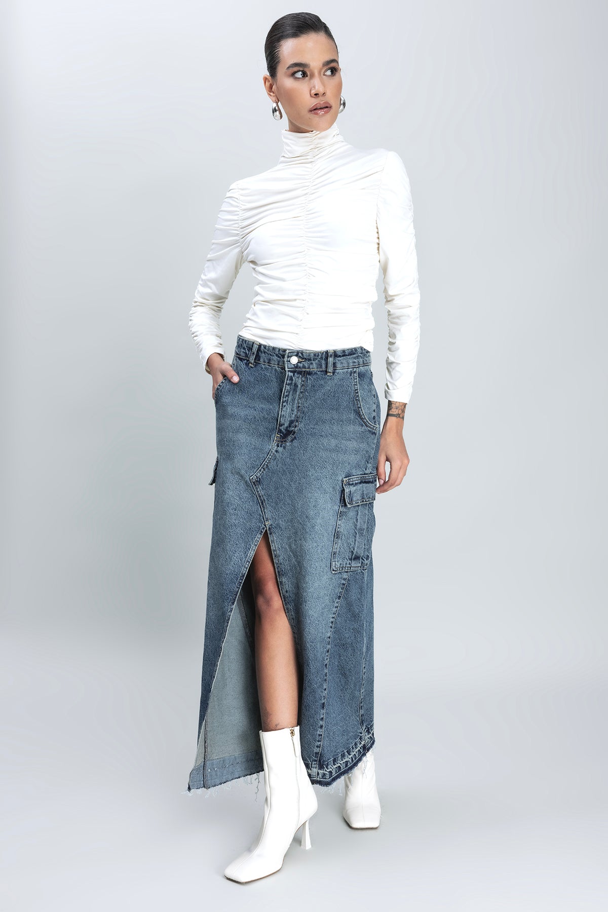 Kargo Cepli Uzun Denim Etek