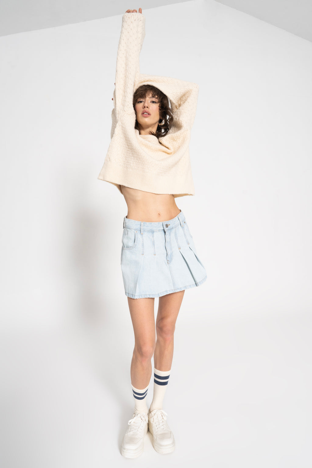 Pleated Denim Mini Skirt