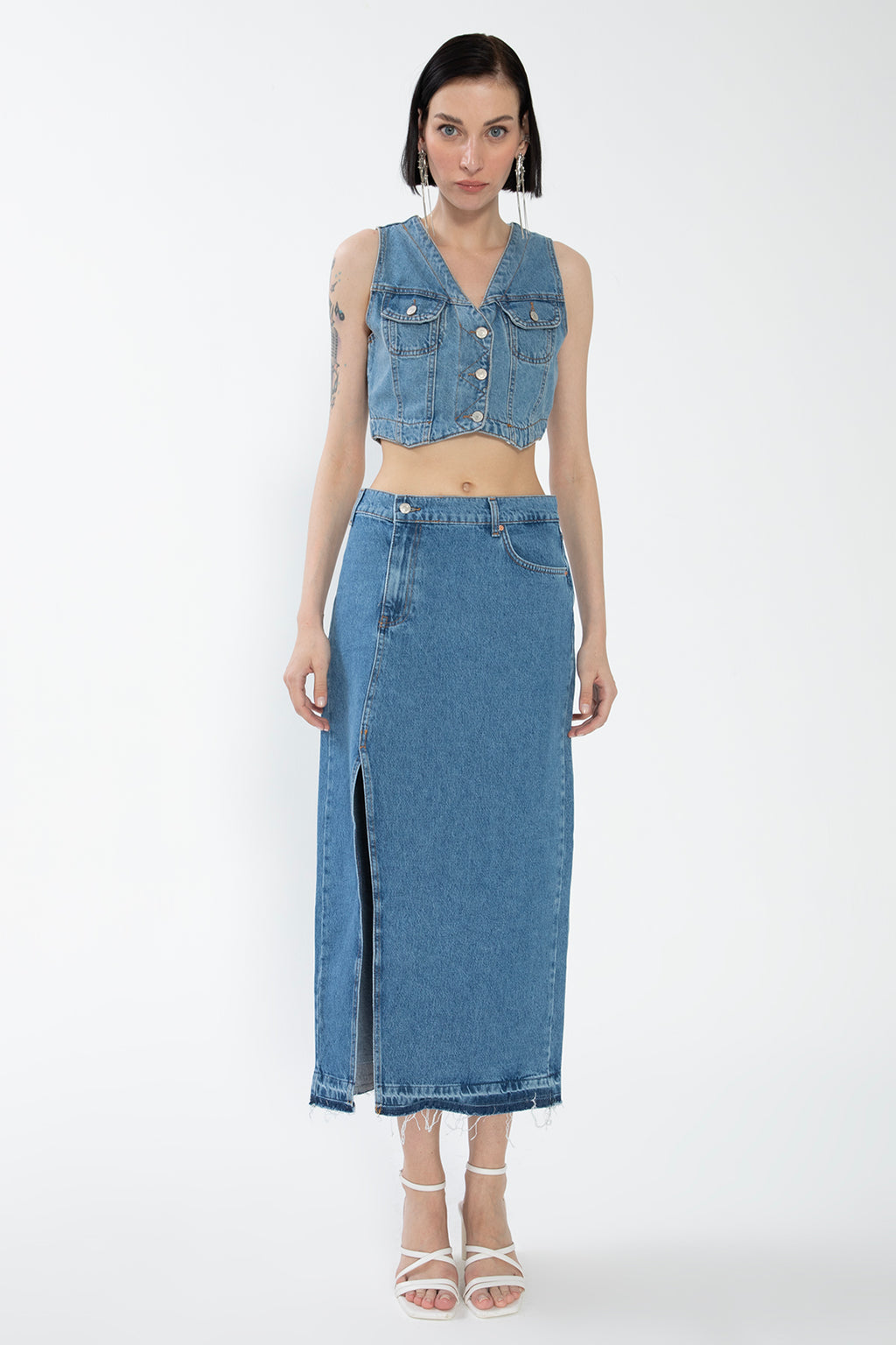 Yırtmaçlı Denim Etek