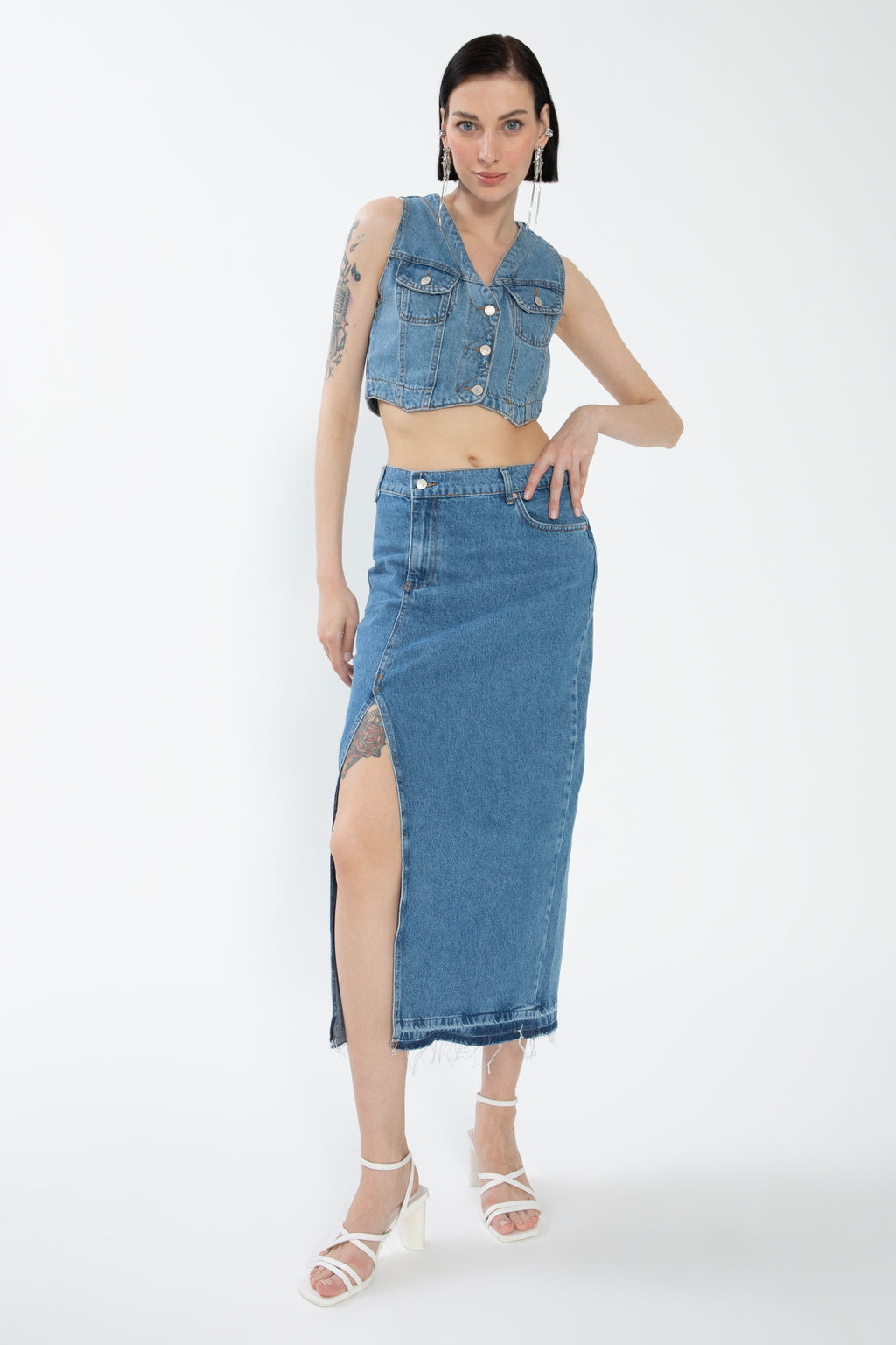 Yırtmaçlı Denim Etek