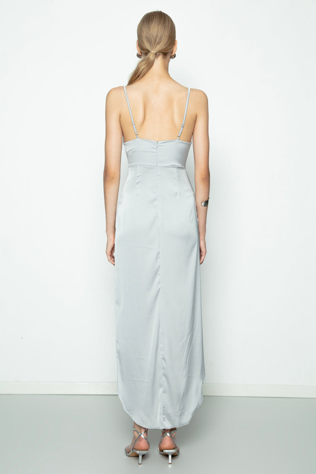 Satin Dress with Asymmetrical Hem Detail