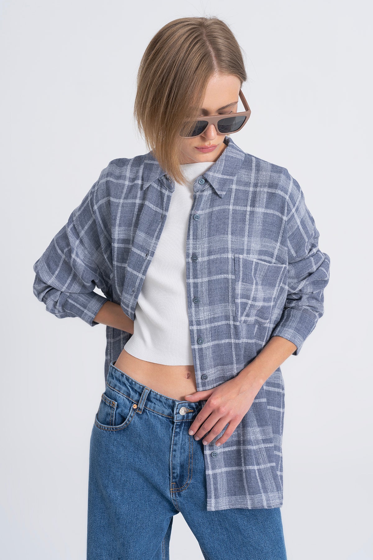 Ekoseli Oversize Yün Karışımlı Gömlek