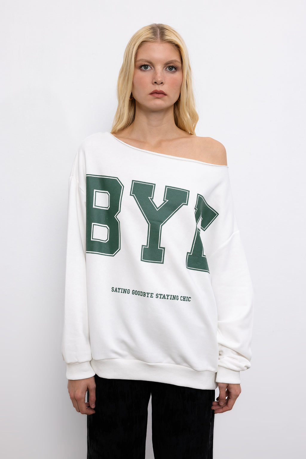Baskılı Kayık Yakalı Sweatshirt