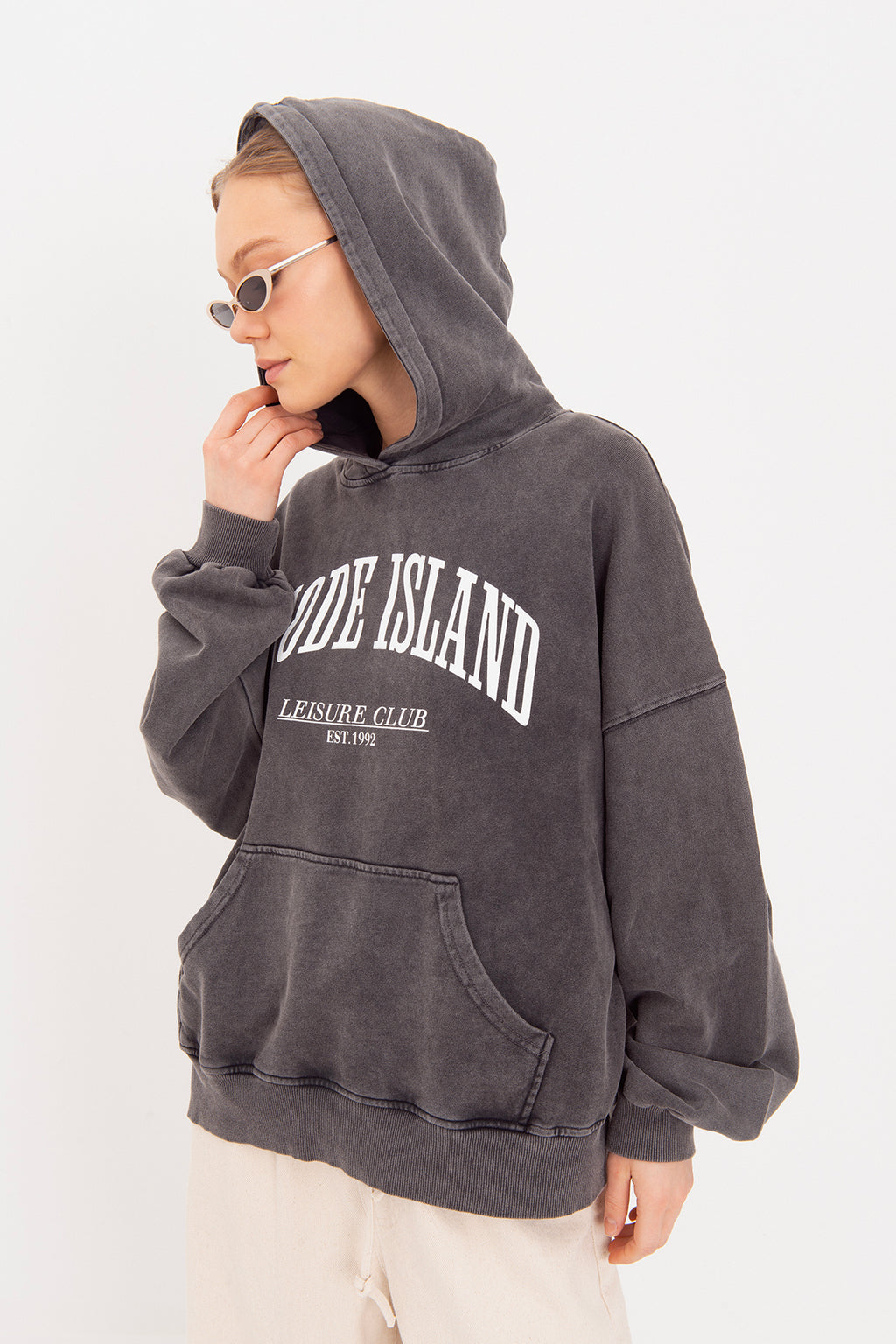 Yıkamalı Baskılı  Kapüşonlu Oversize Sweatshirt