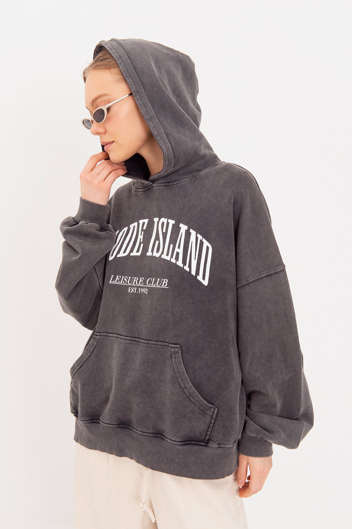 Yıkamalı Baskılı  Kapüşonlu Oversize Sweatshirt