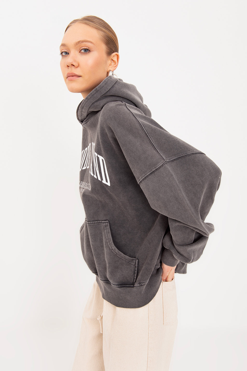 Yıkamalı Baskılı  Kapüşonlu Oversize Sweatshirt