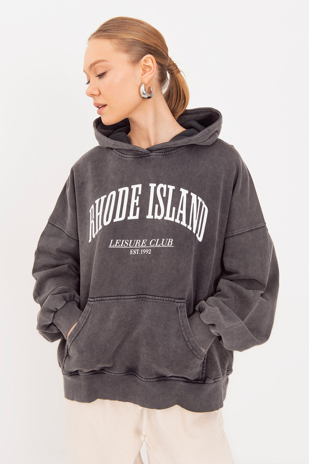 Yıkamalı Baskılı  Kapüşonlu Oversize Sweatshirt