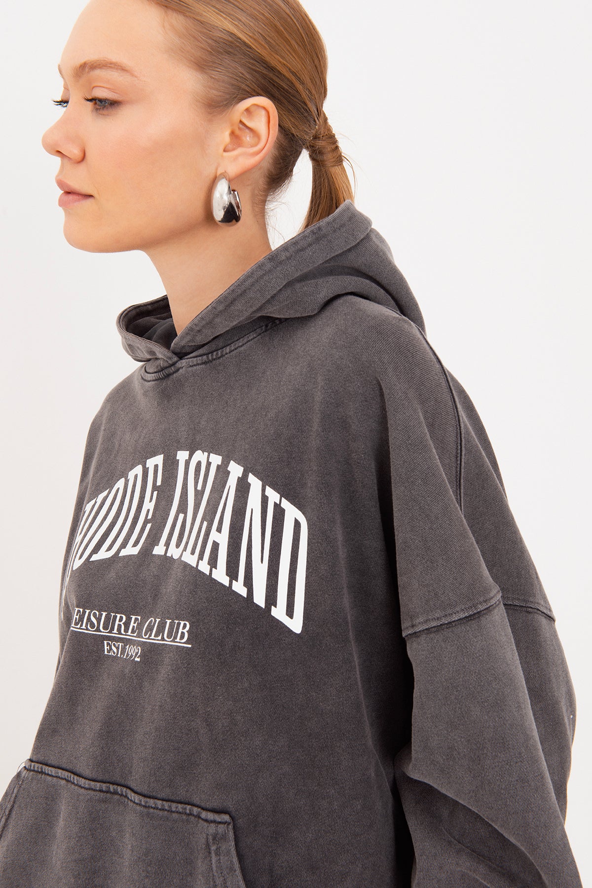 Yıkamalı Baskılı  Kapüşonlu Oversize Sweatshirt