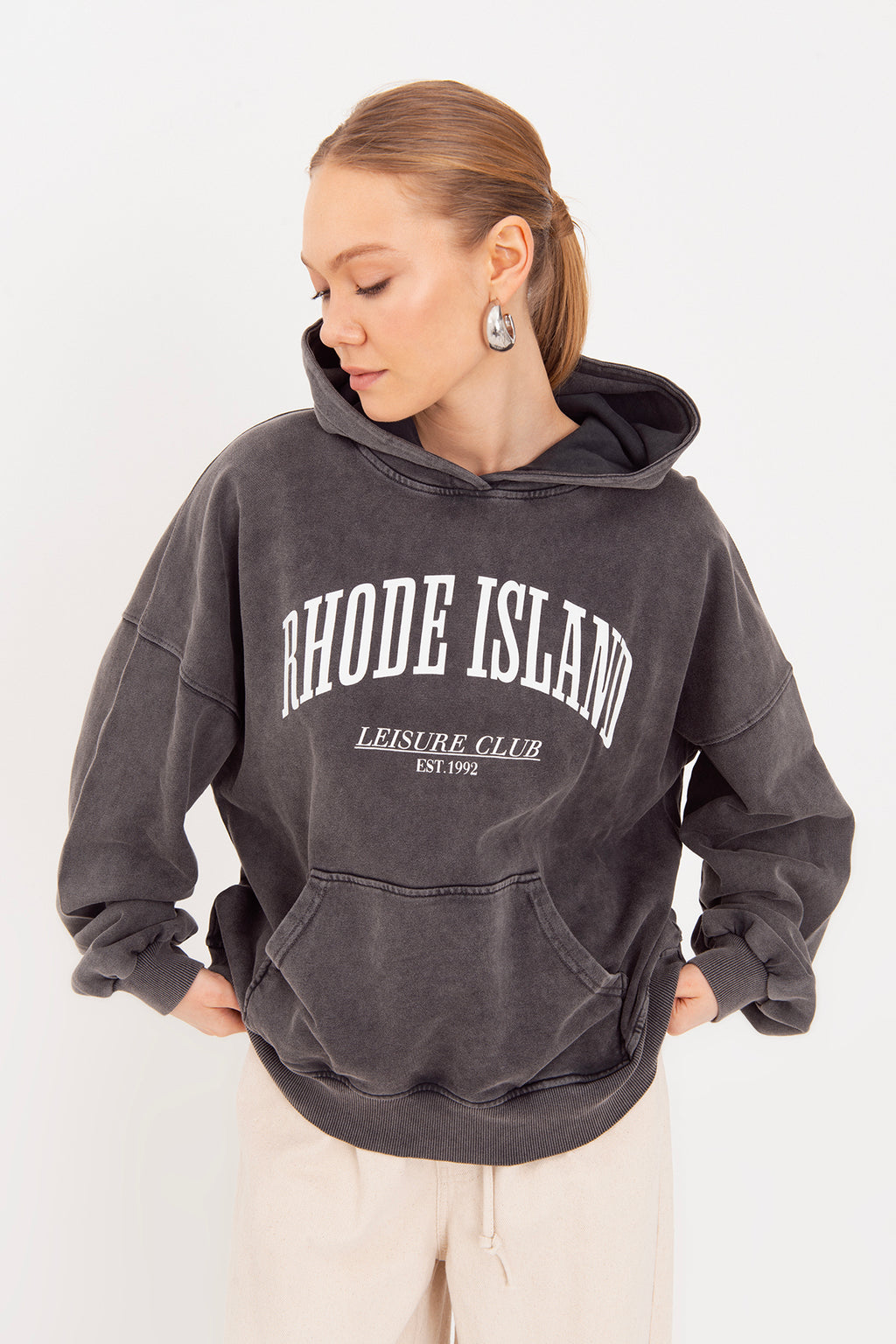 Yıkamalı Baskılı  Kapüşonlu Oversize Sweatshirt
