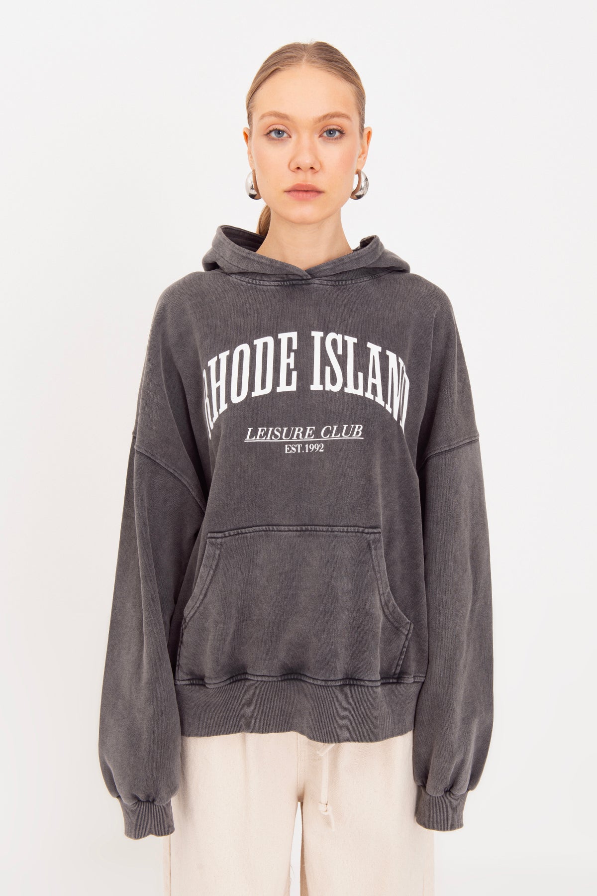 Yıkamalı Baskılı  Kapüşonlu Oversize Sweatshirt